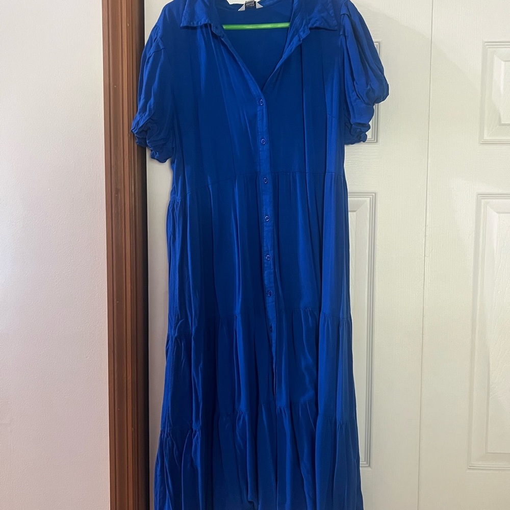 Crown & Ivy Blue Puff Sleeve Polo Collar Sundress